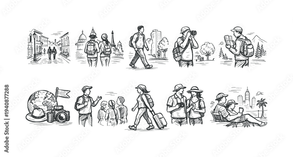 Fototapeta premium Travel and tourism drawing icon set. sketch style, adventure, landmarks, cities