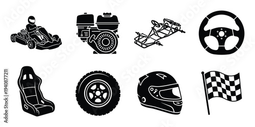 Go-kart parts vector set, engine, chassis, seat, steering wheel, helmet, wheel, racer, checkered flag illustrations.