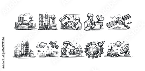 Space exploration sketch icon set. rocket, satellite, astronaut line icon collection