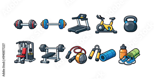 Fitness equipment icon set. gym, workout linear icons collection for health enthusiasts