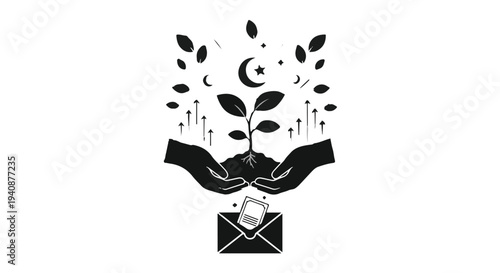 Eco friendly email marketing with plant growing from envelope