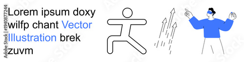 Personal development, digital creativity, fitness, technology, innovation, self-improvement. A dynamic figure with arrows rising and a person in VR glasses gesturing. Personal development and digital