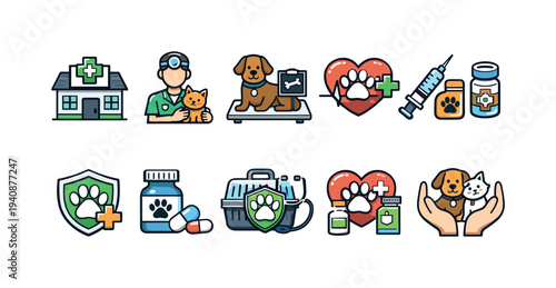 Veterinary care icon set. pet health, clinic, and medicine icons in flat design.