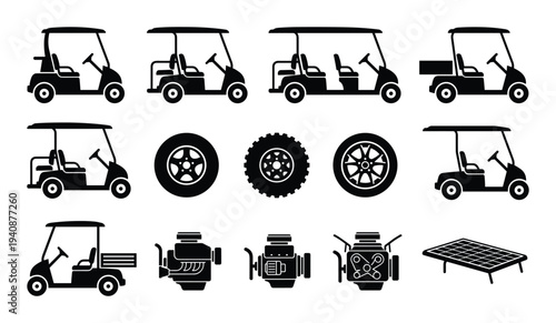 Golf carts vector set icons of different types, engine and wheels silhouettes isolated on white background. Transportation collection.