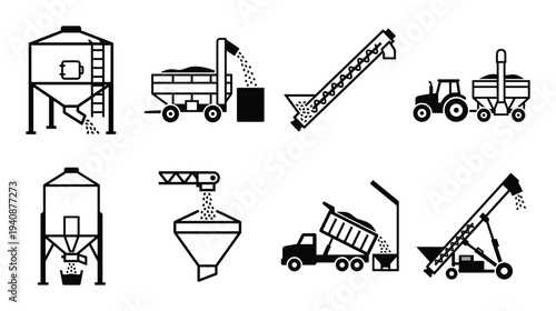 Grain handling equipment vector set, grain hopper, agricultural machinery and transport icons illustration