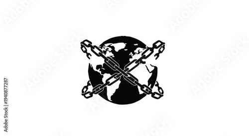black and white illustration of globe with crossed swords and chains