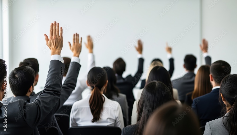 Obraz premium Engagement in the Assembly: An assembly of individuals, arms raised in a gesture of active participation, surrounded by the focus of the event or presentation. This imagery speaks to collaboration.