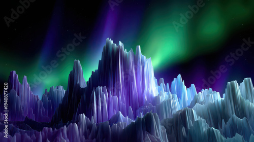 Celestial Peaks: A vibrant display of the Aurora Borealis dances above jagged mountain peaks. The majestic landscape showcases the power and beauty of nature.
