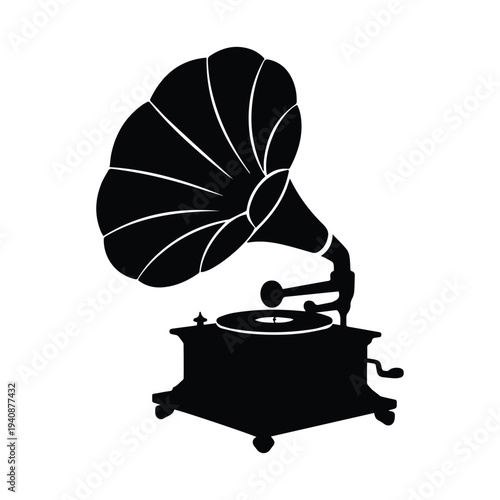 Vintage gramophone on white background in black silhouette