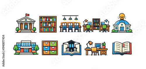 Library and education icon set: flat style collection for learning and knowledge