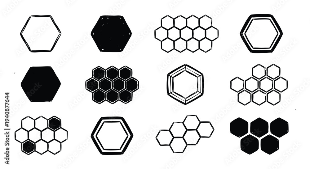 Obraz premium Hexagon honeycomb grid illustration set, geometric shapes, simple graphic design elements, hand-drawn sketch style