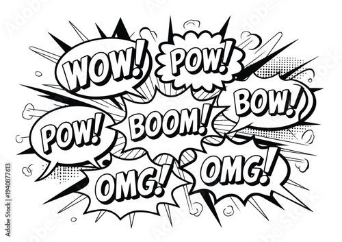 Comic explosion speech bubble, comic book style sketch, BOOM BAM WOW POW OMG BANG text set, hand drawn pop art vector illustration