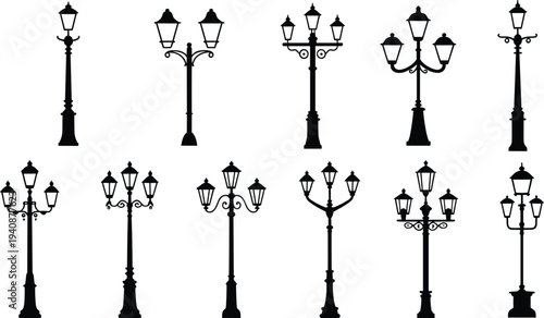 Vintage street lamp lantern post classic city lighting decorative urban light pole silhouette vector icon set collection