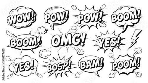 Comic book style sketch, speech bubble explosion text, hand drawn comic strips set, BOOM WOW BAM OMG BANG POW, pop art vector illustration