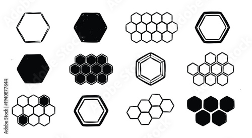 Hexagon honeycomb grid illustration set, geometric shapes, simple graphic design elements, hand-drawn sketch style