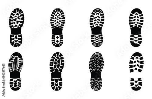 Hiking boot tread pattern icons set, diverse footwear outsole designs for outdoor trail adventures and detailed textured grip.