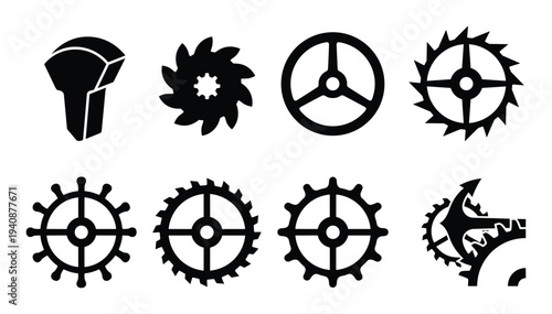 Horology gear elements with escape wheel, cogwheel, tooth wheel, icons, and clockwork mechanism symbols isolated on a white background