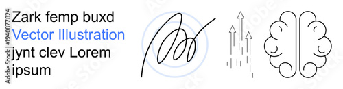 Creativity, intellectual growth, innovation, idea generation, progress, personal development. Outline brain paired with signature and arrows. Creativity and intellectual growth