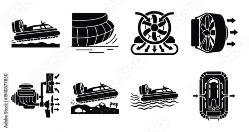 Hovercraft icons set illustration of land water surface movement with engine and fan system concept in black and white