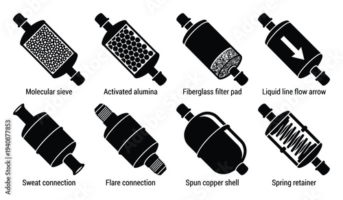 HVAC filter drier icons collection. Molecular sieve, activated alumina, fiberglass filter pad, and spring retainer