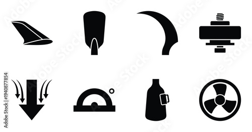 HVAC fan blade pitch icons set, air conditioning system component diagrams, ventilation flow direction, engineering tools