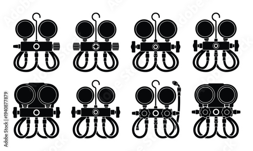 HVAC manifold gauge set silhouette collection, refrigeration tools, gauges, hoses, and hook in detailed black vector illustration.