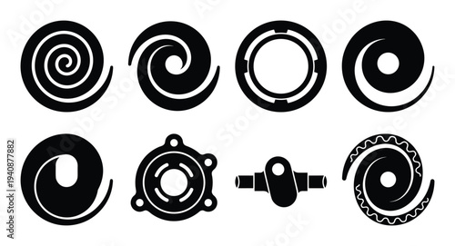 HVAC scroll compressor spiral icons set, vector illustration. Mechanical engineering elements, compressor components drawing.