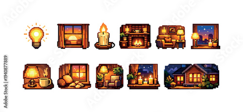 Cozy home interior flat icon set. warm lighting, candlelight, cabin ambiance icons collection.