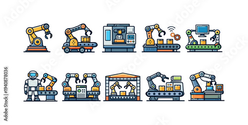 Robotics and automation flat icon set: machines, industry, assembly, technology icons