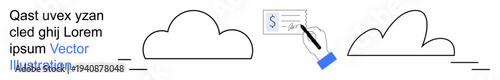 Digital transactions, cloud storage, electronic signatures, online security, remote documentation, digital business. Hand signing a document between two clouds. Digital transactions and cloud storage
