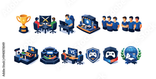 Esports gaming 3d icon set. multiplayer, competition, trophy, team, tournament designs.