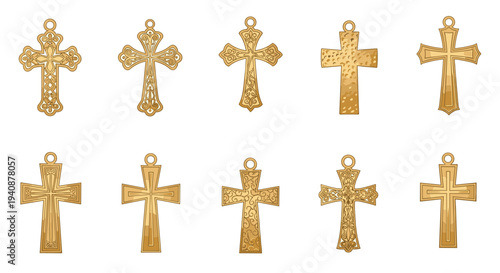 Ten golden cross pendants with varying textures and ornate designs are displayed against a clean white backdrop.