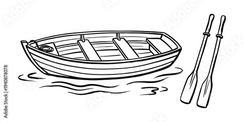 Illustration of a rowboat with oars on water, including seats and rope, simple cartoon, outlined boat and oars. Nautical theme.