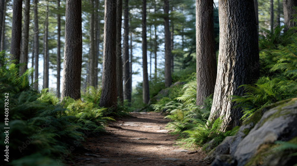 Fototapeta premium Path to Serenity: Sunlit path winds invitingly through a lush forest, creating a sense of peace and natural wonder. Capturing the essence of tranquility.