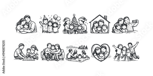 Family, parenting sketch icon set. family activities, togetherness moments outline icons