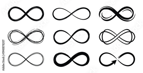 Infinity symbol set, loop collection in different styles, eternity concept, black isolated vector illustration