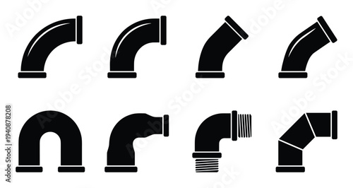Industrial piping elbow icons set. Different types of pipeline bends, plumbing fittings, black and white vector illustration.