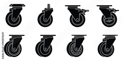 Industrial caster detailed silhouette collection, swivel wheel with various mounting and brake types, black and white vector icons set
