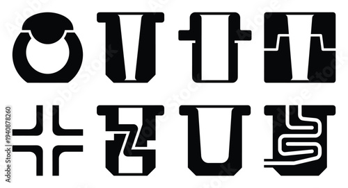 Injection molding icons collection: detailed silhouette shapes, tooling, manufacturing, and engineering symbols.