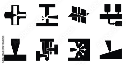 Injection molding process diagram, detailed silhouette collection of various plastic injection mold techniques, black and white design