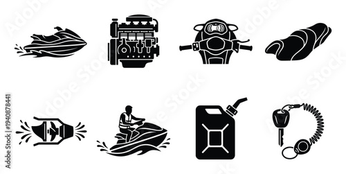 Jet Ski Parts Vector Set: Jet Ski, Engine, Seat, Fuel Can, Key, Rider, Turbine, Dashboard, for Watercraft Designs