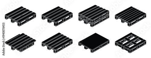 Isometric wooden shipping pallets vector illustration. Set of pallet types, including block, stringer, solid deck, and partial four way.
