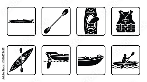 Kayak paddle buoyancy aid icons set. Water sports equipment, boating gear, kayaking safety accessories in square frames