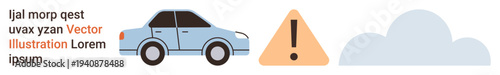 Road safety, travel warnings, vehicle transportation, weather impact, driver awareness, caution signs. A blue car near a triangular caution symbol and a cloud. Road safety and travel warnings concept