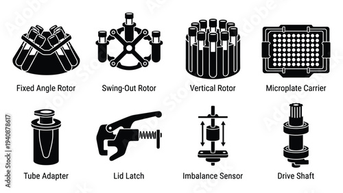 Laboratory centrifuge components vector: rotors, adapters, sensors, latches, and drive shafts detailed black illustrations