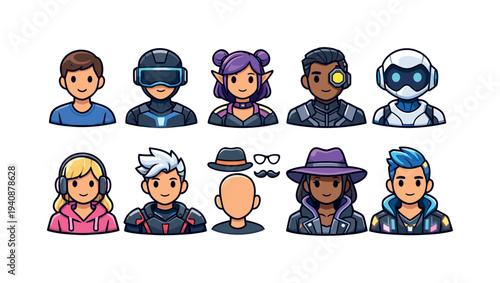 Character avatars icon set. flat style gaming, sci-fi, fantasy character avatars.