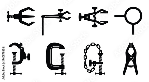 Laboratory clamps icons collection vector illustration of various types of equipment holding tools for scientific experiments.