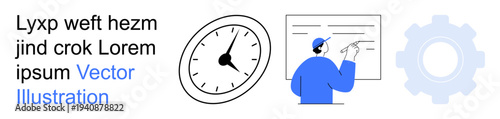 Time management, productivity, workflow optimization, planning, teamwork, efficiency improvement. Clock time, person at a whiteboard gear icon. Time management and productivity