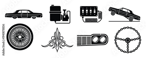 Lowrider car parts icons set: vehicle, hydraulic pump, switch box, wheel, ornament, headlight and steering wheel, black silhouettes
