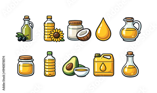 Cooking oil, food flat icon set. healthy oils, kitchen essentials icons collection